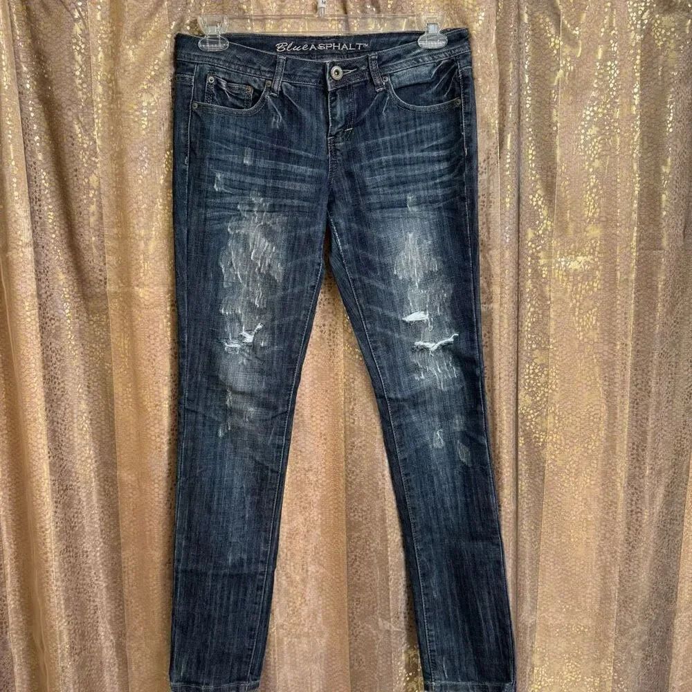 Blue Asphalt Wet Seal 2000s Rhinestone Pocket Faded Skinny Jeans Size 7